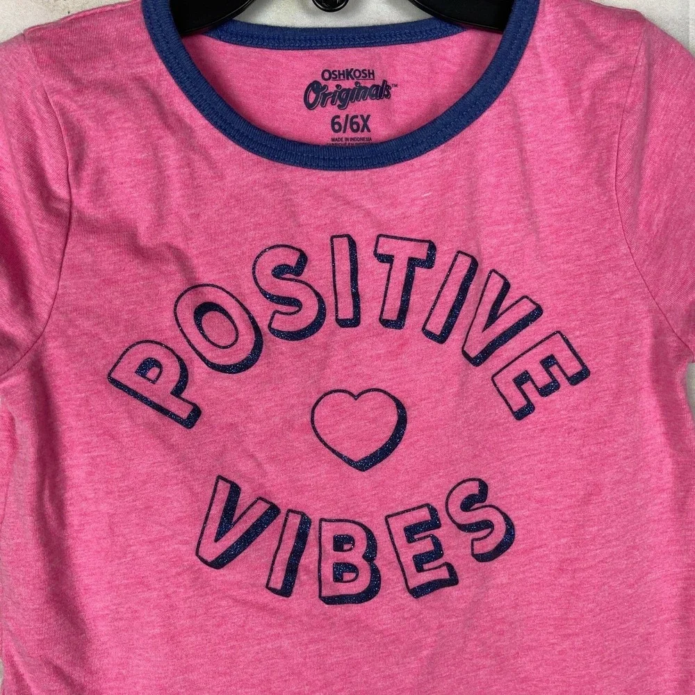 OshKosh‎ Top Girls 6 6X Pink Positive Vibes Graphic Short Sleeve Ringer T-Shirt